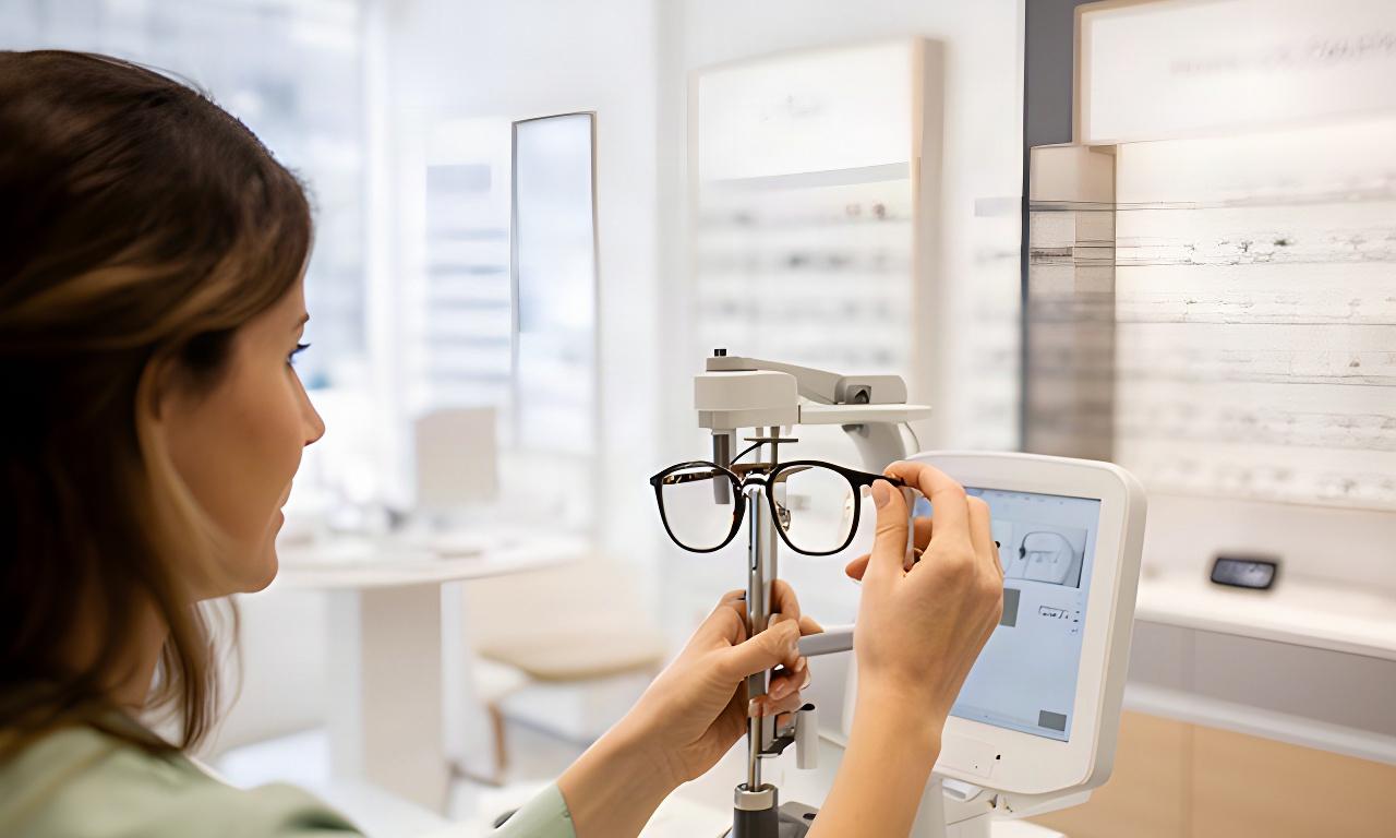 Optikerin bei der digitalen Zentrierung einer Brille im hellen Fachgeschäft