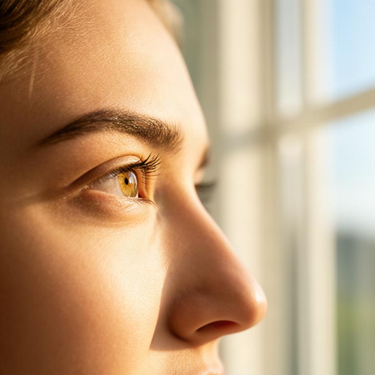 Nahaufnahme einer Person mit Tageslinsen beim Blick aus einem sonnigen Fenster