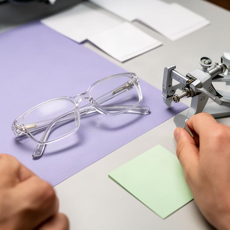 Beratung zu einer transparenten Brillenfassung mit Messgerät und Notizen auf dem Optikertisch