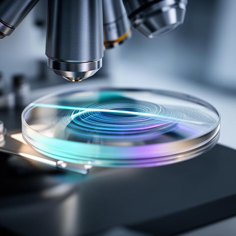 Brillenglas unter einem Mikroskop mit feinen optischen Schichten im Detail